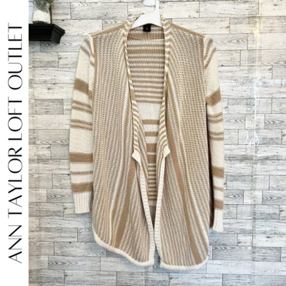 ANN TAYLOR FACTORY Taupe and Ivory Striped Cardigan, M - Picture 1 of 9